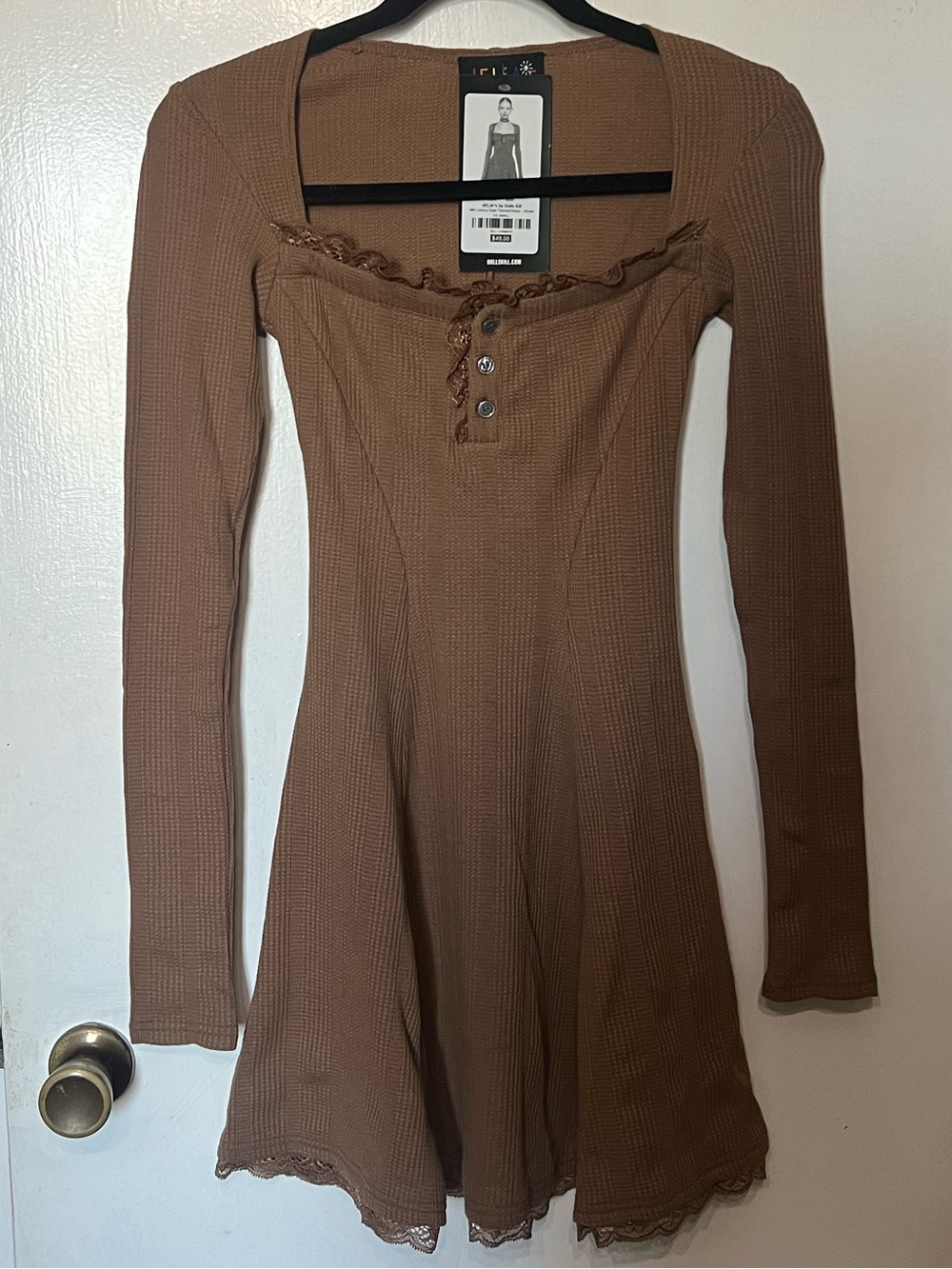 Dolls Kill Brown Long-Sleeve Henley Skater Dress